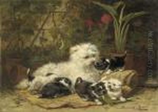 A Cairn Terrior And Her Puppies Oil Painting by Henriette Ronner-Knip