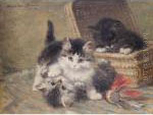 Three Kittens Playing, An Oil Sketch Oil Painting by Henriette Ronner-Knip