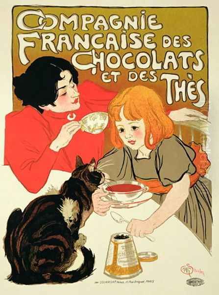 Reproduction of a Poster Advertising the French Company of Chocolate and Tea Oil Painting by Theophile Alexandre Steinlen