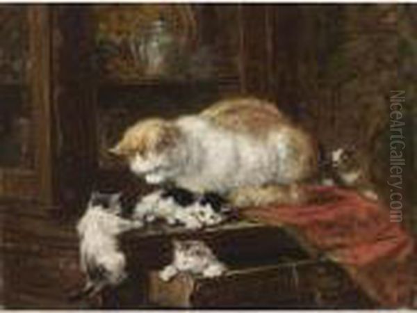 A Watchful Mother With Playing Kittens Oil Painting by Henriette Ronner-Knip