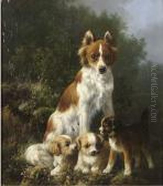 Three Pups And Their Mother Oil Painting by Henriette Ronner-Knip