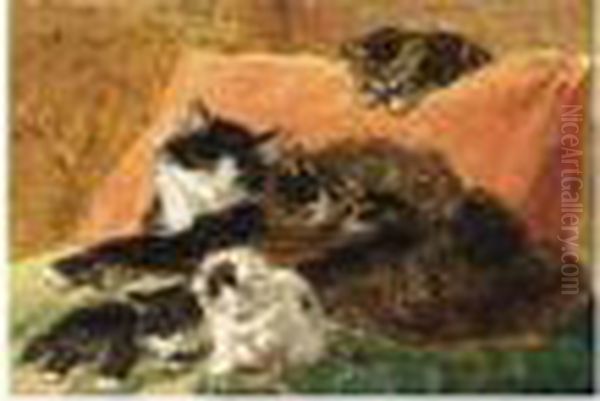 Playing Cats Oil Painting by Henriette Ronner-Knip