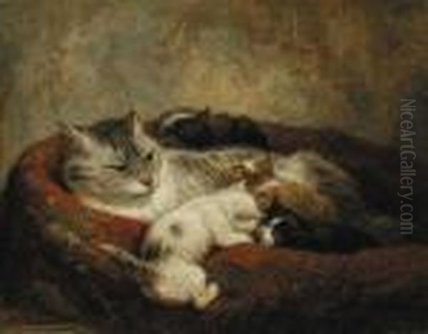 A Mother And Her Kittens Oil Painting by Henriette Ronner-Knip