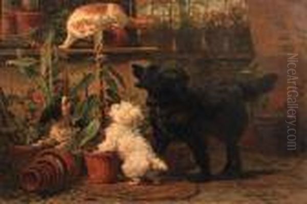 In The Greenhouse Oil Painting by Henriette Ronner-Knip