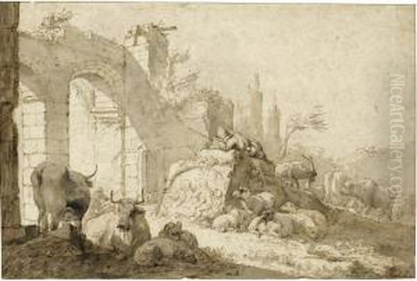 Peasants And Their Animals Resting Among Classical Ruins Oil Painting by Johan Heinrich Roos