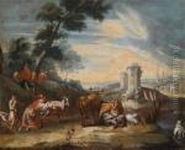 A Southern Landscape With Shepherds Andtheir Flock Oil Painting by Johan Heinrich Roos