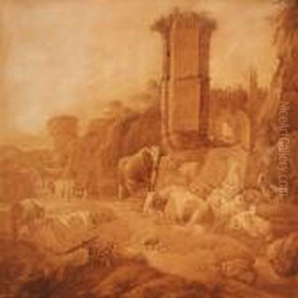 Shepherd And Shepherdess With Cattle And Goats By A Classicruin Oil Painting by Johan Heinrich Roos