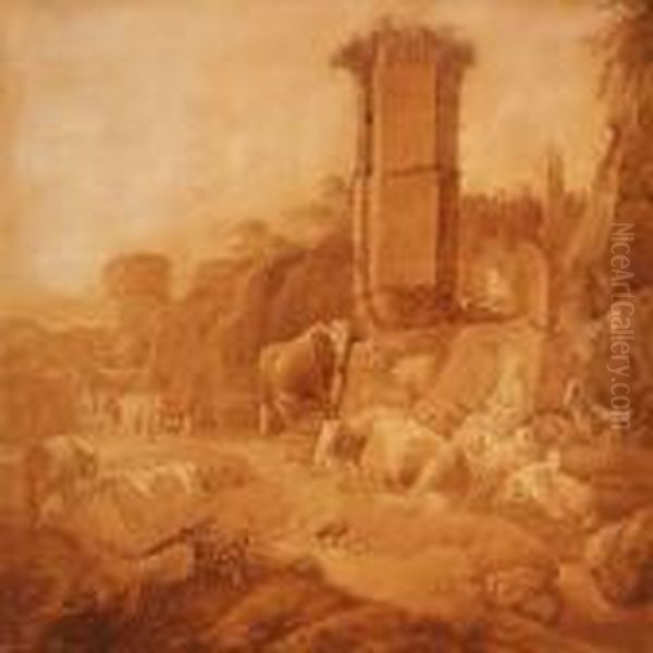 Shepherd And Shepherdess With Cattle And Goats By A Classic Ruin Oil Painting by Johan Heinrich Roos