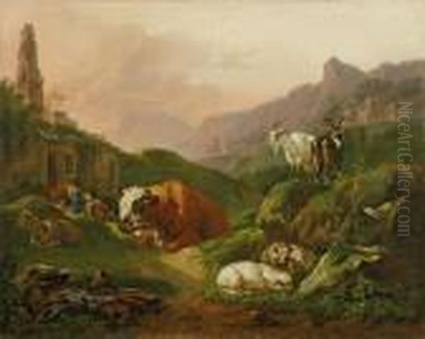 Sudliche Landschaft Mitviehherde Und Schlafendem Hirten Oil Painting by Johan Heinrich Roos