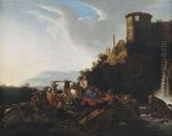 Shepherds With Animals In A Landscape With Ruins. Oil Painting by Johan Heinrich Roos