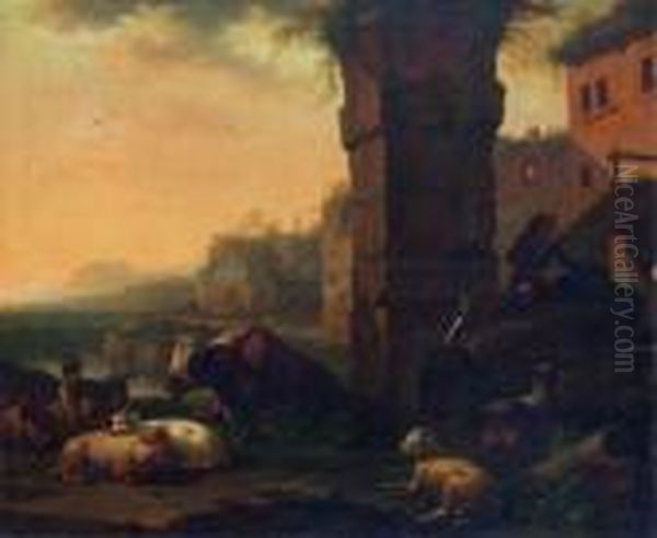 Patre Et Son Troupeau Dans Des Ruines De La Campagneitalienne Oil Painting by Johan Heinrich Roos