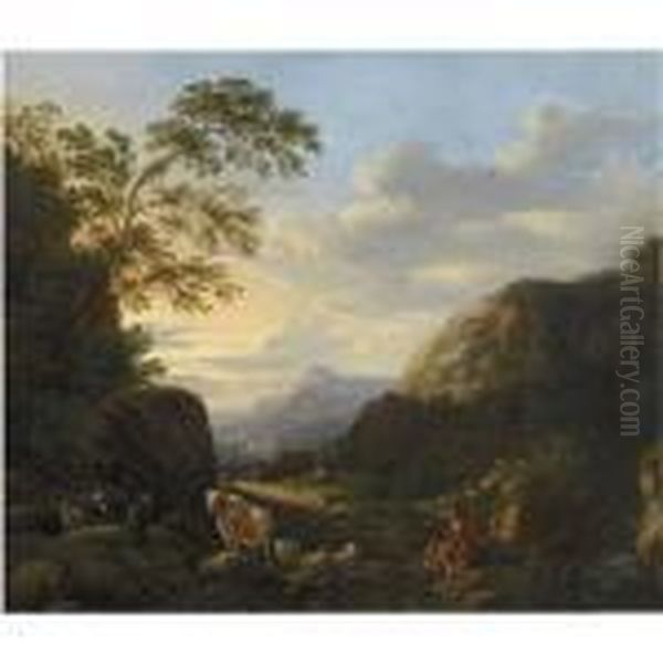 A Rocky Southern Landscape With A Shepherd With His Flock Restingon A Path Oil Painting by Johan Heinrich Roos