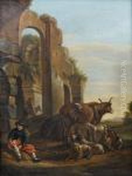 A Huntsman With His Dogs And 
Horse Restingbefore A Fountain; And A Shepherd With Goats, Sheep And A 
Bullbefore Ruins Oil Painting by Johan Heinrich Roos