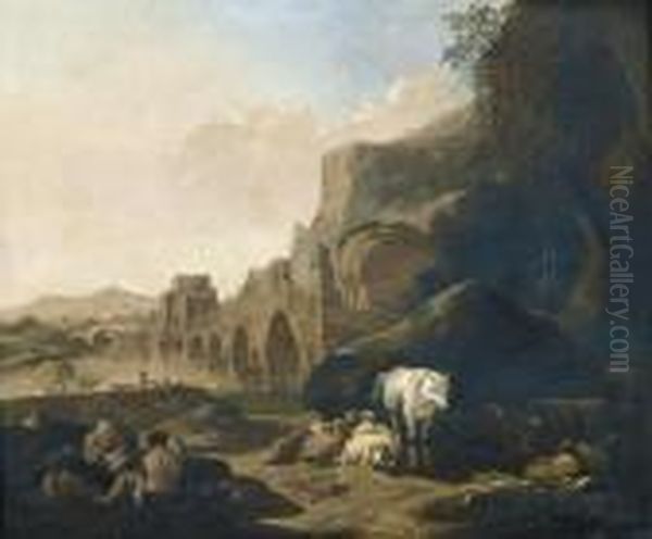 Pastorale Flusslandschaft Mit Brucke Und Staffage. Oil Painting by Johan Heinrich Roos