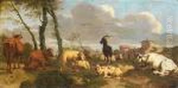 Cattle And Goats In A Landscape Oil Painting by Johan Heinrich Roos