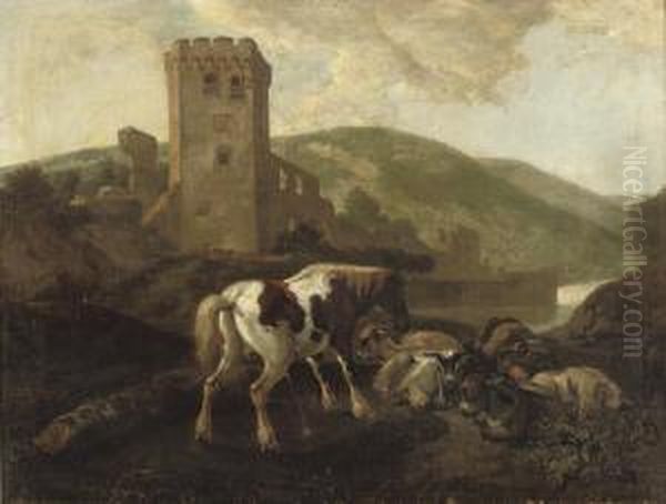 A Horse, Donkey, Goats, Dog And Sleeping Shepherd In Front Of A Ruin Oil Painting by Johan Heinrich Roos