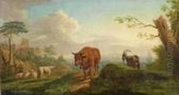 Paar Sudliche Landschaften Mit Ruhenden Herden Im Abendlicht Oil Painting by Johan Heinrich Roos