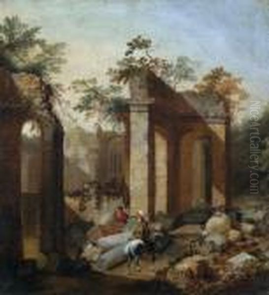 Un Cavaliere E Due Figure In Sosta Tra Rovine Oil Painting by Johan Heinrich Roos