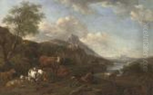 A River Landscape With A Drover At Rest With His Cattle Oil Painting by Johan Heinrich Roos