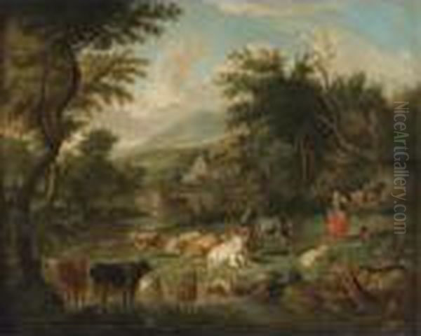 Pastoral Landscape With Watering Cattle And A Town In A Distance Oil Painting by Johan Heinrich Roos