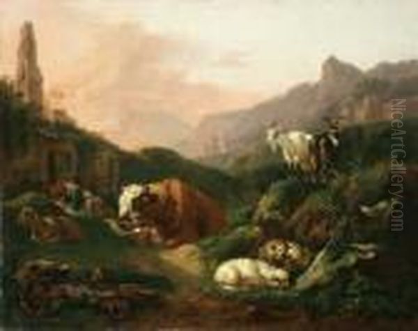 Sudliche Gebirgslandschaft Mit Viehherde Und Schlafendem Hirten. Oil Painting by Johan Heinrich Roos