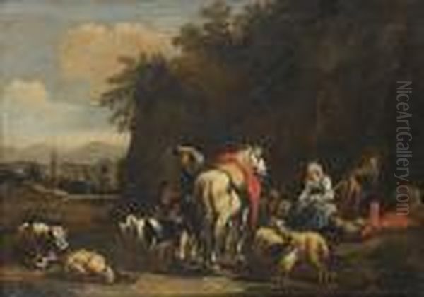 A Drover And Peasants Resting By A Country Path Surrounded By Goats, Sheep And Cattle Oil Painting by Johan Heinrich Roos