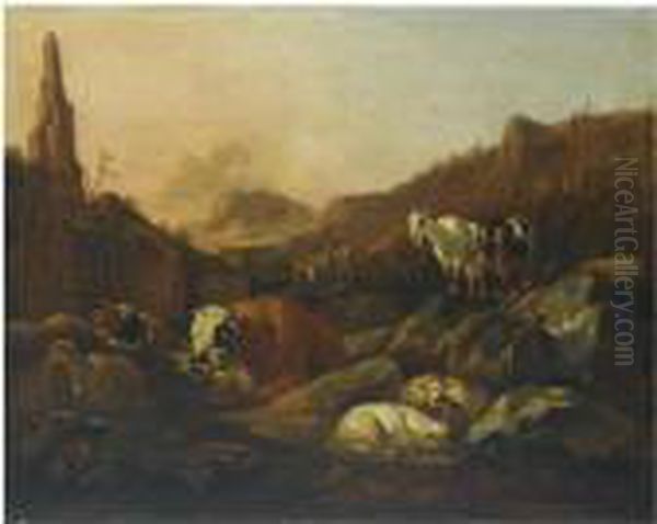 An Italianate Rocky Landscape With A Shepherd And His Herd Resting Oil Painting by Johan Heinrich Roos