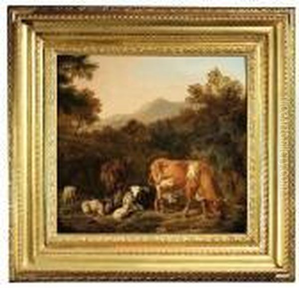 Italian Rocky Landscape With Cattle And Sheep Oil Painting by Johan Heinrich Roos