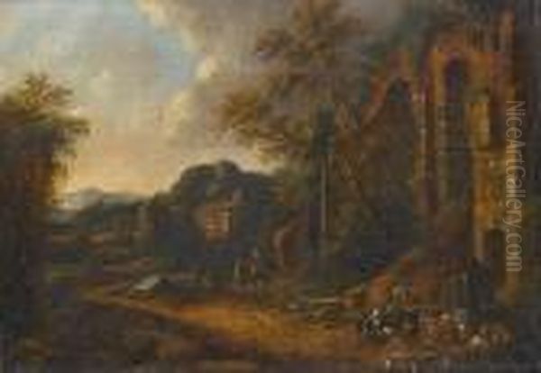 An Italianate Landscape With A Drover And His Herd Resting Beside A Fountain Oil Painting by Johan Heinrich Roos