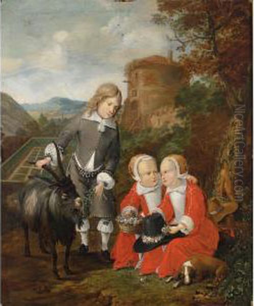 A Boy With A Goat And Twins In A
 Forest Landscape With A View Of A Formal Garden Beyond, Said To Be The 
Children Of Graf Hochberg Oil Painting by Johan Heinrich Roos