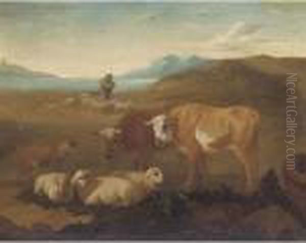 An Italianate Landscape With 
Cattle And Sheep In The Foreground, A Shpeherd And His Flock Beyond Oil Painting by Johan Heinrich Roos