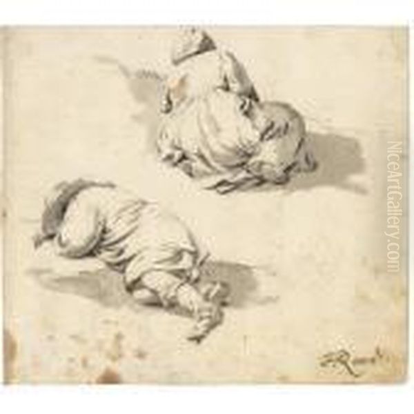 Study Of Two Peasants Sleeping On The Ground Oil Painting by Johan Heinrich Roos