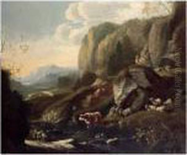 A Rocky Landscape With A 
Shepherd Family Resting With Their Flock, Another Shepherd Travelling 
Below Oil Painting by Johan Heinrich Roos