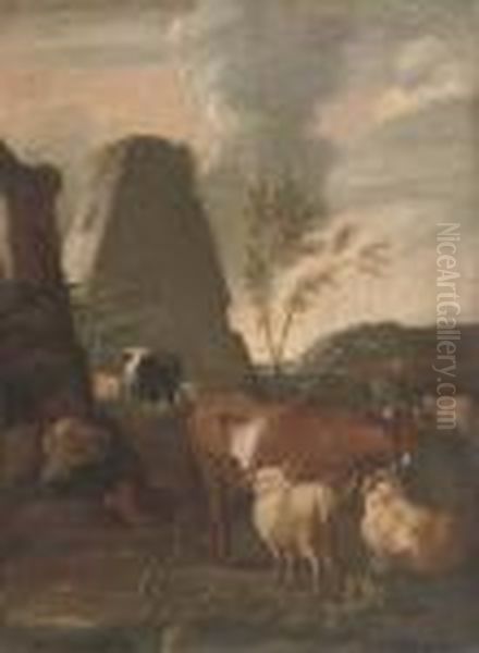 A Drover Resting By His Cattle Oil Painting by Johan Heinrich Roos