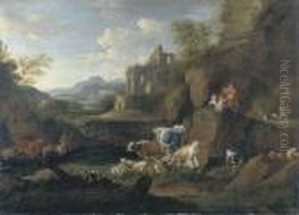 Paesaggio Fluviale Con Pastori, Armenti E Rovine In Lontananza Oil Painting by Johan Heinrich Roos