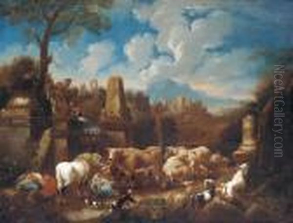 An Italianate Landscape With A Peasant Family Resting With Cattleand Sheep Amongst Ruins Oil Painting by Johan Heinrich Roos