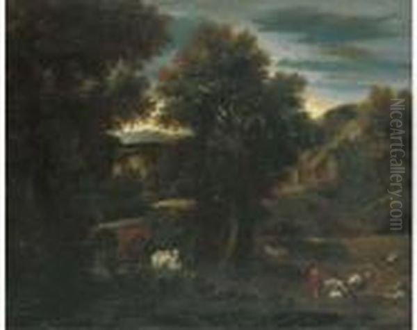 A Wooded Landscape With A Shepherdess And Cattle Oil Painting by Johan Heinrich Roos