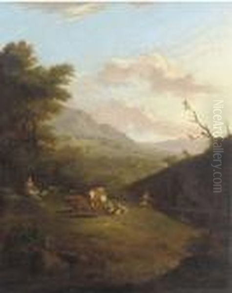 A Mountainous Landscape With Peasants Herding A Cattle And A Village Beyond Oil Painting by Johan Heinrich Roos