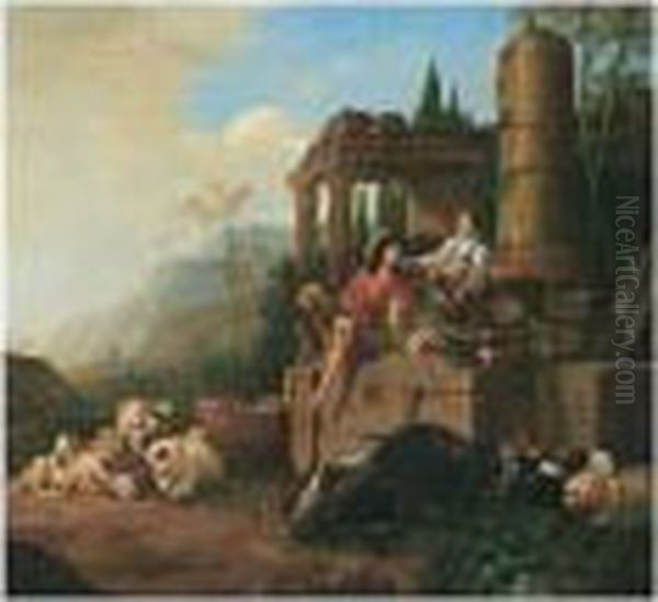 Southern Landscape With A Drover And Shepherdess With Their Flocks Beside A Fountain Oil Painting by Johan Heinrich Roos