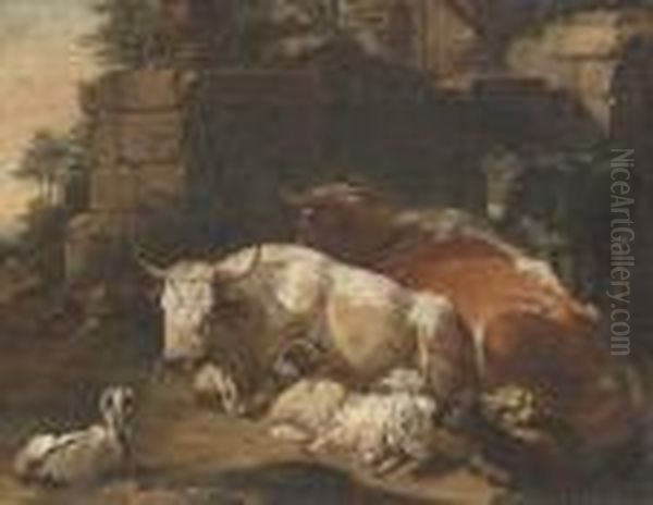 Bulls, Goats, Sheep And A Donkey Before A Ruined Wall, A Landscape Beyond Oil Painting by Johan Heinrich Roos