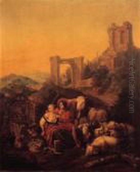 A Shepherd Couple Embracing By A
 Fountain, Classical Ruins On Ahilltop Beyond, In An Italianate 
Landscape Oil Painting by Johan Heinrich Roos