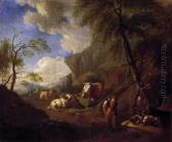 Italian Landscape With Resting People By The Fountain Oil Painting by Johan Heinrich Roos