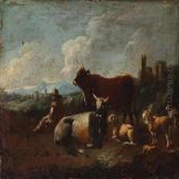 Shepherd With Cattle And Sheep Oil Painting by Philipp Peter Roos