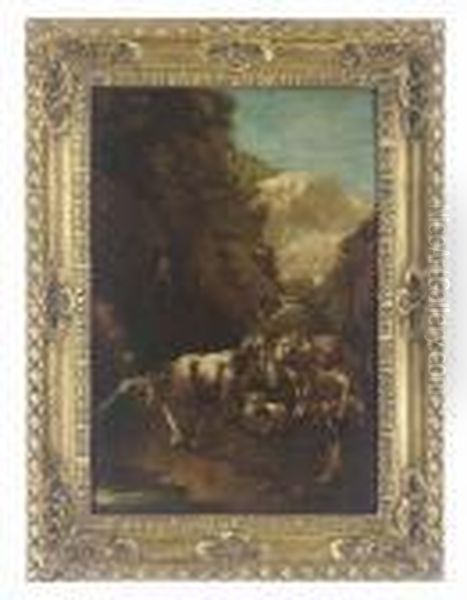 A Mountainous Landscape With A Shepherd Watering His Flock Oil Painting by Philipp Peter Roos