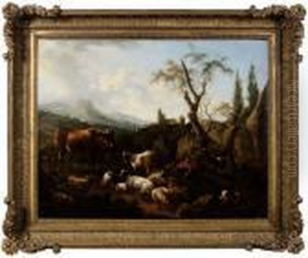 A Herdsman, With Dog, Goats, Sheep And Cow Oil Painting by Philipp Peter Roos