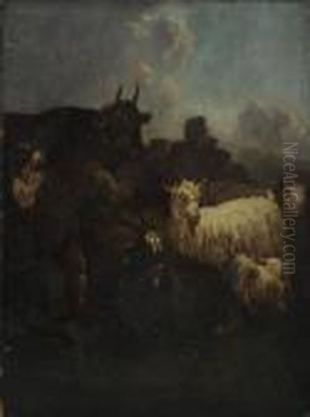 Farmer With Goats, Cattle And Dog Oil Painting by Philipp Peter Roos