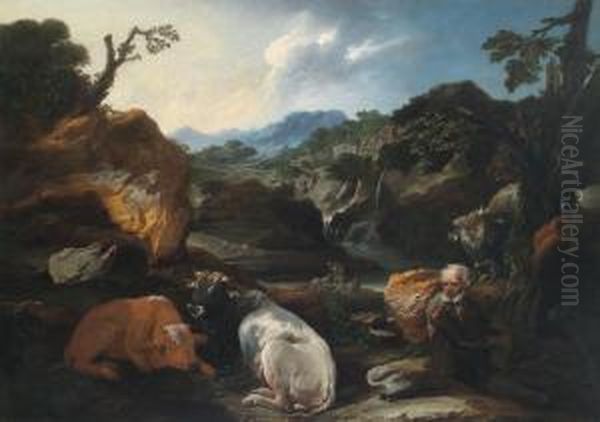 Southern Italian Mountain Landscape With A Herderand Cattle Oil Painting by Philipp Peter Roos