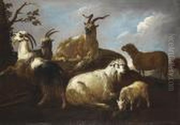 Goats And A Sheep In A Landscape Oil Painting by Philipp Peter Roos