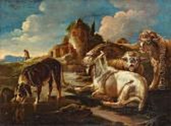 Trinkender Hirtenhund, Ziegenbock Und Schafe Vor Einemcampagna-haus Oil Painting by Philipp Peter Roos