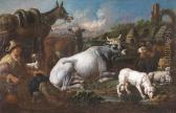 Cattle And Sheep In A Landscape With A Shepherd, His Dog And Mule Oil Painting by Philipp Peter Roos